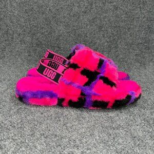 UGG Fluff Yeah Slide Sandals GIrl's Size 5 Pink Punk Plaid Comfort Cozy Slippers